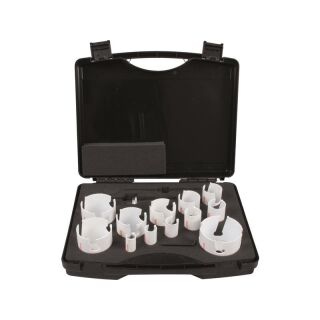 Set of multi purpose hole saws: each one piece of: 19-22-25-32-35-40-44-51-57-64-68-76 mm included 2 x adaptor, each 1 HSS and TCT centering drill bit and 1 x hex key