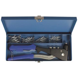 hand riveter set, 61-pcs. 1x hand riveter 395060 15x blind rivet Aluminum 2,4 x 6,0 mm 15x blind rivet Aluminum 3,2 x 6,5 mm 15x blind rivet Aluminum 4,0 x 6,5 mm 15x blind rivet Aluminum 4,8 x 6,5 mm